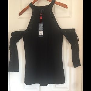 True Religion NWT black cold shoulder eyelet top